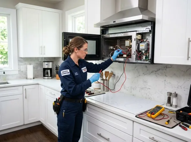 Appliance Repair Hero technician testing an over-the-range microwave in a Big Lake, MN kitchen
